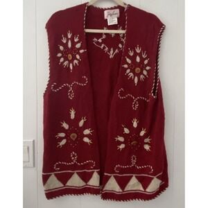 VTG Jaclyn Smith Open Knit Sweater Vest Sz Large Grandma Red Stitch & Embroidery